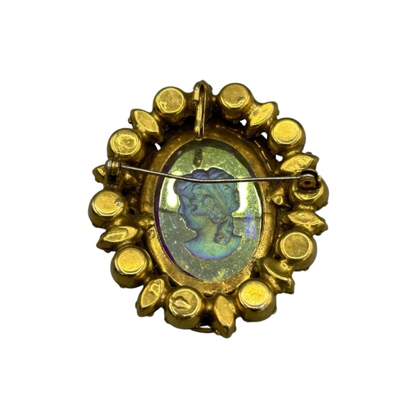 Mid Century Cameo Brooch | Hollywood Regency AB Glass Statement Pin - Picture 4 of 8